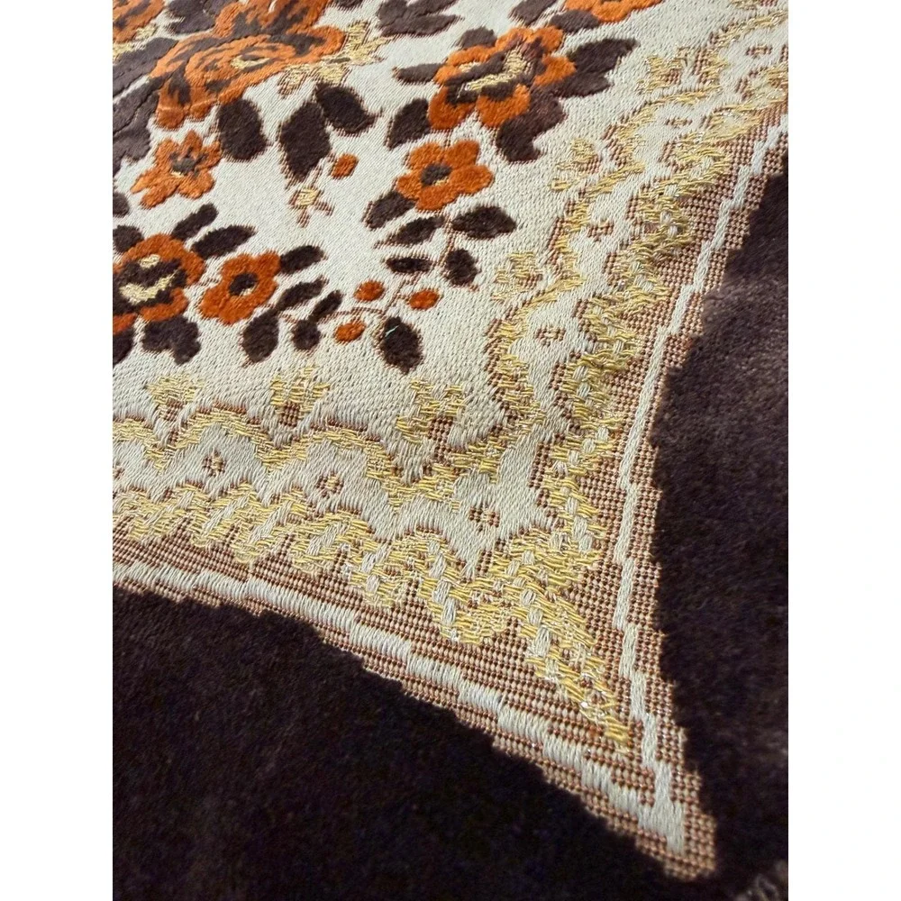 Vintage Round Floral Tablecloth Rug Accent Mat Fringe Brown Orange Beige Gold